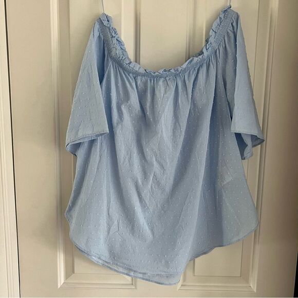 H&M Off the Shoulder Blouse Short Sleeve Top Light Blue Size 10 - Picture 2 of 7